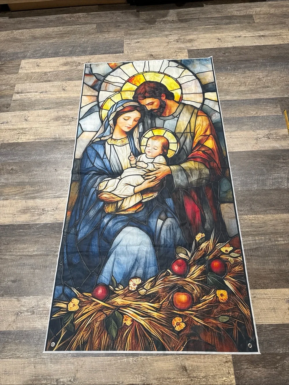 Stained-Glass Style Holy Family Flag/Banner - Blue, Gold, Red